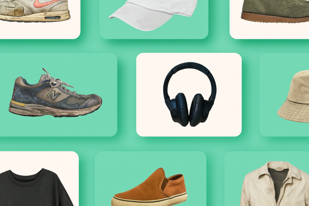 Collage of various vintage and thirfted/ thrift/thrifty shoes, a hat, a jacket, and headphones on a green background